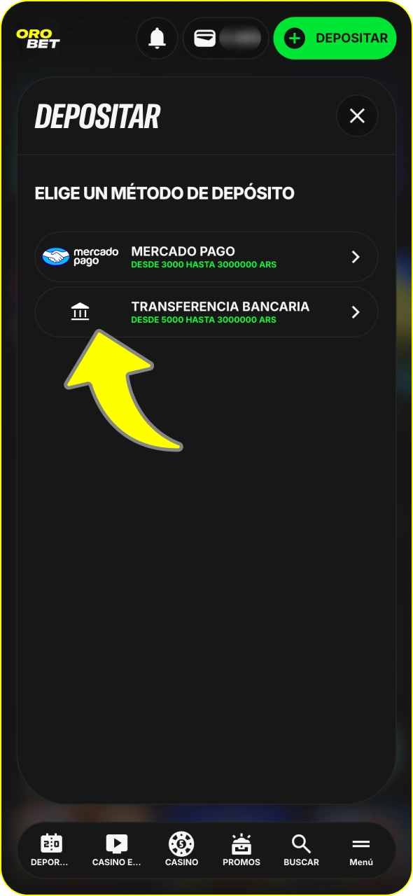 Elige el método de depósito en Orobet y recarga tu cuenta.