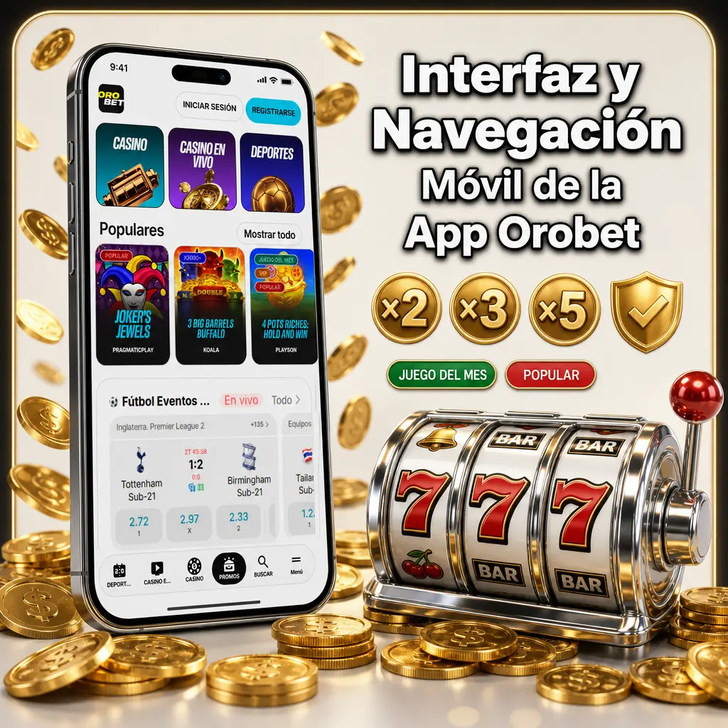 Menú principal de la app Orobet con pestañas de Apuestas Deportivas, Casino, Casino en Vivo y Perfil, saldo visible